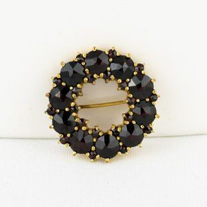 Vintage Genuine Garnet Brooch Gold Tone Circle Tested Dark Round Faceted Germany